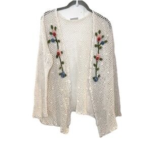 CAPACITY Embroidered Cardigan VTG Cotton Retro Cottage Y2K Floral Granny M